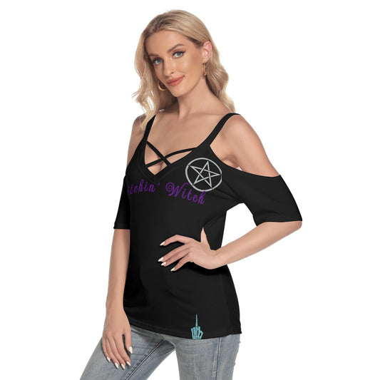 Bitchin Witch Cold Shoulder T-shirt with Cross Strips